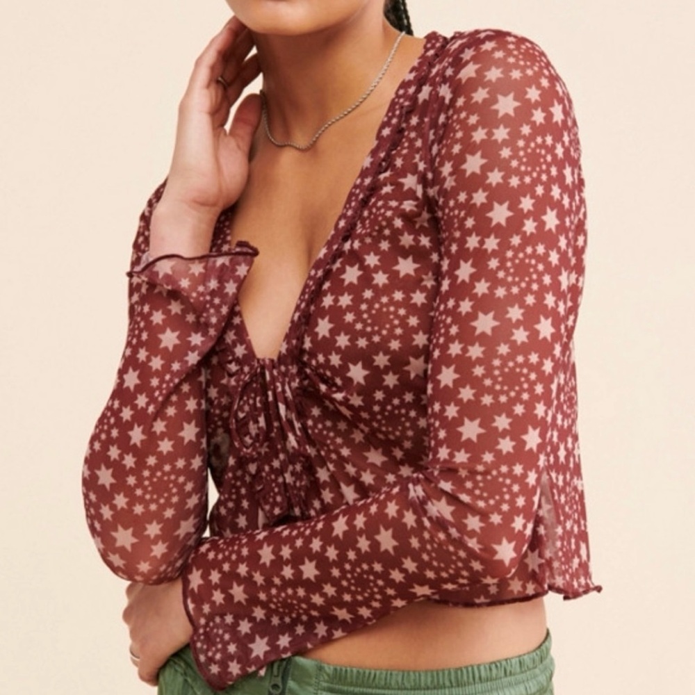 Star Pattern Sheer Maroon Top